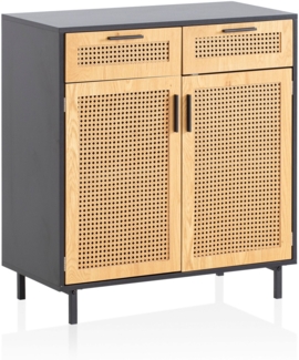 Sideboard 80x86,5x40 cm Kommode Schwarz mit Wiener Geflecht, Hoher Kommodenschrank Zeitlos, Standschrank Wohnzimmer mit 2 Türen und Schubladen, Anrichte Rattan