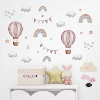 Montegoni Wandsticker Aquarell Rosa ballon & Regenbogen Wandaufkleber – Dekorative Wolken, geeignet für Kinderzimmer, Babyzimmer, Wohnraum Dekoaufkleber