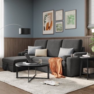 Vasagle Sofa L Form, mit Stauraum, Schlaffunktion, mit Getränkehalter, Polyester/Baumwolle, Dunkelgrau, 83 x 145 x 210 cm