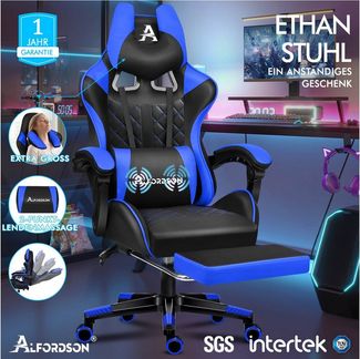 ALFORDSON Gaming-Stuhl Bürostuhl, Integrierte Fußstütze, mit Lendenwirbelkissen, 150° Neigungsverstellung, PU-Ledersitz mit hoher Rückenlehne