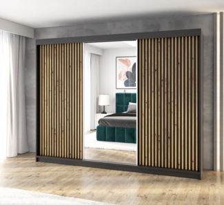 A&J MöbelLand Schwebetürenschrank FARA 200 cm, mit 4 Schubladen, Spiegel, 3D Lamellen