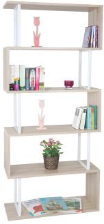 Bücherregal HWC-A27, Standregal Wohnregal, 183x80cm 3D-Struktur 5 Ebenen ~ Eiche-Optik, Metall weiß