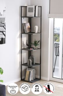 Eck-Bücherregal mit 5 Böden 42 x 28 x 180 cm Metallrahmen, Regalböden aus Spanplatte Grau 90742921 [en. casa]