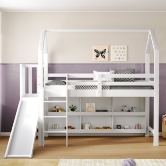 Hochbett, Multifunktionelles Kinderbett mit Rutsche,Treppen,Schließfach,Regal