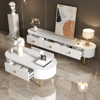 Couchtisch und TV-Schrank Set Weiß Gold Modern MDF Wohnzimmermöbel Kombination Beistelltisch Lowboard Design Stauraum Elegant