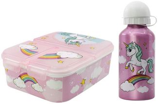 Storline Lunchbox Einhorn Unicorn 2 tlg. Kinder Lunch Set, Kunststoff, (2-tlg, Spar-Set), Brotdose mit 3 Kammern Alu-Trinkflasche 400 ml