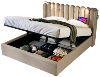 Flieks Polsterbett, Hydraulisches Stauraumbett mit Leselicht und Ladefunktion 160x200cm