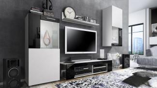 Vladon Wohnwand Movie, Anbauwand bestehend aus 1 TV-Board, 2 Vitrinen und 1 Regal, Weiß matt/Weiß matt/Schwarz Hochglanz (Gesamt: 300 x 190 x 39 cm)