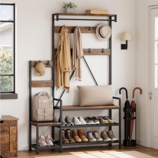 GarveeMore Garderobenständer mit Schuhbank und Schuhregal,10 Haken,Metallrahmen,industrieller, Eltern-Kind-Garderobenständer 113 x 30 x 180 cm