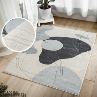 Teppich Wohnzimmer Kurzflor Beige Grau - 200x290cm - Boho Abstraktes Design Modern Skandinavisch Wohnteppich Schlafzimmer