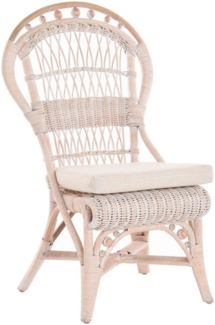 Krines Home Küchenstuhl S Princess (Kugelstuhl) Toast Weiss + Kissen Jessy Beige, Natur Rattan Esszimmerstuhl hohe Rückenlehne