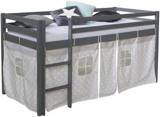 Hochbett Spielbett Kinderbett Kiefer Leiter Vorhang grau 90x200