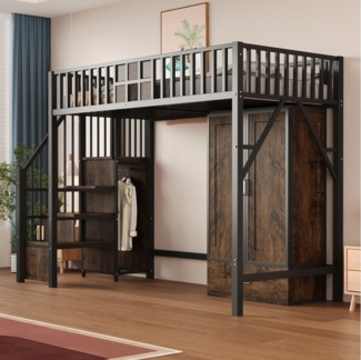 Flieks Hochbett Metallbett 90×200cm mit Kleiderschrank, Schublade und Stauraumtreppe