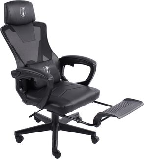 Gaming Stuhl im modernen Racing-Design mit einklappbarer Fußstütze - Gaming Chair mit flexiblen Armlehnen - ergonomischer Gaming Schreibtischstuhl mit extra Stützkissen Schwarz