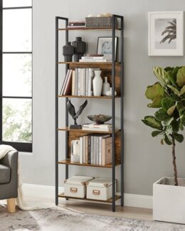 Vasagle Bücherregal, Standregal mit 6 offenen Regalebenen, Wohnzimmer, Flur, Küche, Büro, Stahlgestell, Industrie-Design, vintagebraun-schwarz LLS113B01
