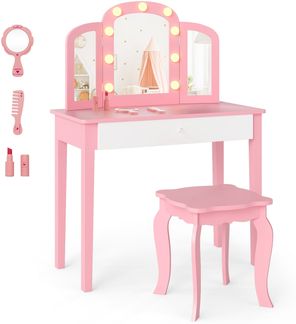 2 in 1 Kinder Schminktisch Set mit Abnehmbarem Spiegel & 3 Lichtfarben Makeup-Tisch Rosa