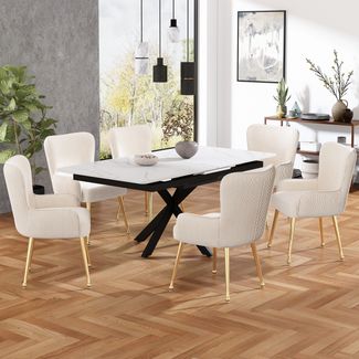 Esszimmerstuhl mit Armlehnen H 83 x T 57 x B 53 cm, Samt Beige/Gold, Metallbeine mit verstellbaren Füßen,4er-Set