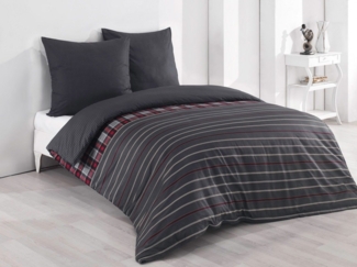 Buymax Bettwäsche Bettbezug Set, Renforcé, 3 teilig, 200x220 cm 100% Baumwolle Reißverschluss gestreift Antrazit Grau Rot