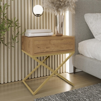 AX LIVING Nachttisch modern Aleio X 45cm Eiche Wotan, goldenes Gestell