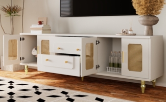 Lowboard, TV-Möbel im Retro-Stil: goldene Griffe,177×38×55.5 cm, Weiß,modernes Design, viel Stauraum