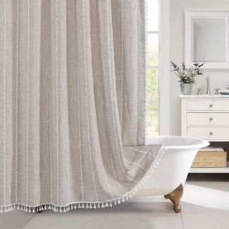 ZEUOPQ Duschvorhang Badezimmer Vorhänge, Baumwoll-Leinen-Stoff mit Quasten Breite 183 cm (Wasserabweisend Anti-schimmel Waschbar Badewannenvorhang, 1-tlg, Boho-Bauernhaus Badezimmerdekoration), Duschvorhang für Badezimmer Haus Hotel Wohnung Wohnmobil