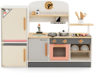 Kinderküche aus Holz mit Dustabzughaube & Kühlschrank & Wasserhahn & Küchenutensilien