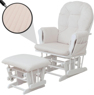 Relaxsessel HWC-C76, Schaukelstuhl Sessel Schwingstuhl mit Hocker Stoff Cord 320g/m² Öko-Tex ~ creme Gestell weiß