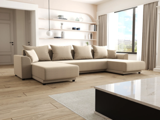 Vente-unique - Wohnlandschaft mit Schlaffunktion - Stoff - Beige - NESSARO