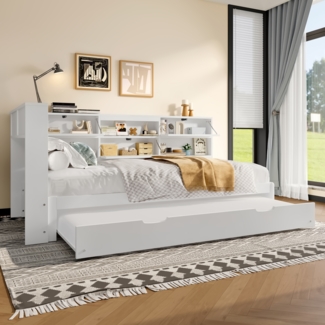 Daybett 90x200 cm Schlafsofa mit L-förmigem Kopfteil, Staufach, Ausziehbares Bett, USB+Typ-C Anschlüsse, Stauraumbett