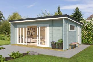 Lasita Maja Gartenhaus Java ISO Gartenhaus aus Holz in Grau Holzhaus mit 44 mm Wandstärke Blockbohlenhaus mit Montagematerial