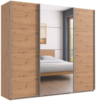 Schwebetürenschrank Kleiderschrank B225 cm H208 cm 3-türig Eichendekor, 1x Spiegeltür