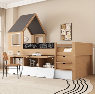 TavilaEcon Kinderbett Baumhausbett mit Schubladen, Ausziehbett und Ausziehtisch, mit Fenster und Graffiti-Tafel, Rahmen aus Kiefer, 90x200&90×190cm
