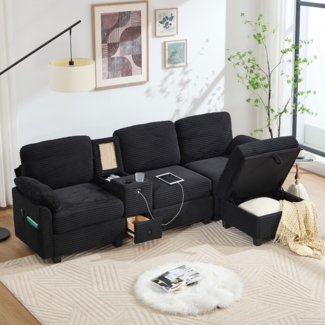 Flieks 3-Sitzer Schlafsofa, Ecksofa, Großes Cord-Sofa mit 2 Cup-Halter + Stauraum, USB-C-Anschluss, Seitentasche, Stauschublade, beweglicher Stau-Ottoman, Schwarz