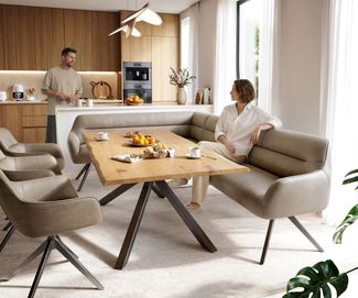 Esszimmerbank Taya-Flex 285x190 cm Mikrofaser Beige Vintage Kreuzgestell kantig Graphit Taschenfederkern Rechts