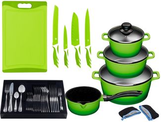 KING Topf-Set »ALUGUSS« Aluminiumguss, Induktion, Antihaftbeschichtung, Aluminiumguss (Set, 43-tlg, 3 Töpfe, 1 Stieltopf, 3 Glasdeckel), inkl. 4 Küchenmesser, 1 Schneidebrett, 1 Besteck-Set + Etui