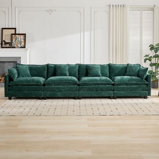 Sofa 4-Sitzer, Grün Chenille, modular mit doppellagiger Polsterung und ergonomischen Rückenpolstern,75*380*84 cm