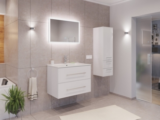 Badmöbel Set Firenze 80 3tlg. LED Spiegel und Seitenschrank weiß hochglanz : Weiss hochglanz