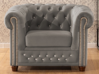 S-Style Möbel Chesterfield-Sessel Cleo Blink aus Samt mit Kristallsteppung und braunen Massivholzfüßen, mit Wellenfederung
