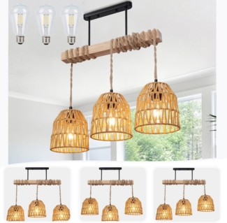MUPOO Hängeleuchten 3 Köpfe Kronleuchter mit Rattanschirm, Boho Deckenlampe Wohnzimmer, aus Rattan/Holz, mit 3 Leuchtmittel