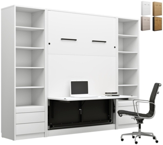 QMM TraumMöbel Schrankbett Wandbett GN 140x200 mit LED, Schreibtisch & 2 Regalen vertikal