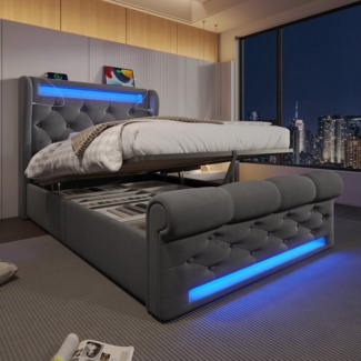 BlingBin Polsterbett Stauraumbett (1-tlg, Funktionsbett mit Lade- und Lichtfunktion für gemütliche Schlafzimmer), mit LED-Beleuchtung, USB- & Type-C-Ladestation und stilvollem Samt