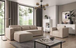 Ecksofa Schlafsofa inkl. Sessel WALDO Stoff Poso Beige Ottomane Links