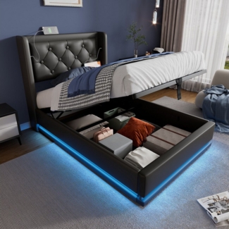Ulife Polsterbett Hydraulisches Stauraumbett Einzelbett mit LED-Beleuchtung (Ohne Matratze), gepolstertes Kopfteil mit USB Typ-C Ladefunktion, 90x200 cm