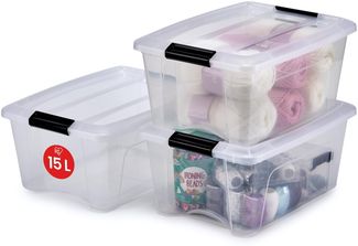Iris Ohyama Aufbewahrungsboxen mit Deckel, 15L, 3er-Set, Transparent, Sicherer Verschluss, Stapelbar, Griffe, Schlafzimmer, Schrank, Büro, Organisation, BPA-freies Plastik, Ordnungsboxen, NTB-15