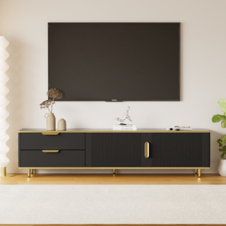 Eleganter TV-Schrank 175 × 40 × 45 cm aus hochwertigem Holz in Schwarz mit goldenen Akzenten, 175x40x45cm