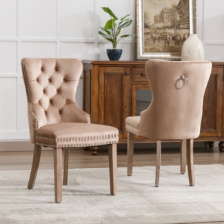 Eleganter Samt-Polsterstuhl in heller Kaffeefarbe mit Massivholzbeinen und verstellbarer Höhe – Stuhl mit Türklopfer-Design