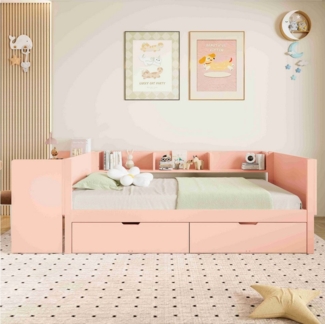 BlingBin Holzbett Kinderbett Multifunktionales Bett (1-tlg, mit Schreibtisch, 2 Schubladen und 3 Bücherregal, Ohne Matratze), Rosa,Kiefernholz+Spanplatte, 90x200 cm, für Kinder und Jugendliche