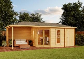 Alpholz 5-Eck Gartenhaus Liwa mit Anbau Gartenhaus aus Holz in Braun Holzhaus mit 28 mm Wandstärke inklusive Terrasse Blockbohlenhaus mit Montagematerial