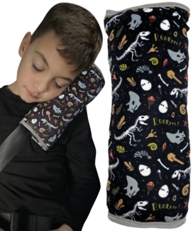 HECKBO Schlafkissen Auto Schlafkissen Dinosaurier Skelett für Kinder - maschinenwaschbar – kuschelweich - hochwertiges Auto Gurtkissen, Gurtschoner, Gurtkissen, Gurtschutz, Auto Kissen, Reisekissen, Urlaub - 30 x 12cm