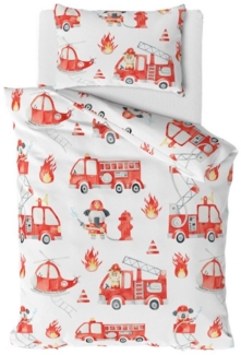 MTOnlinehandel Babybettwäsche Little Hero • 100x135 + 40x60 cm • Feuerwehr, 100% Baumwolle, 2 teilig, Renforcé • Feuerwehrauto • Weiß • Rot